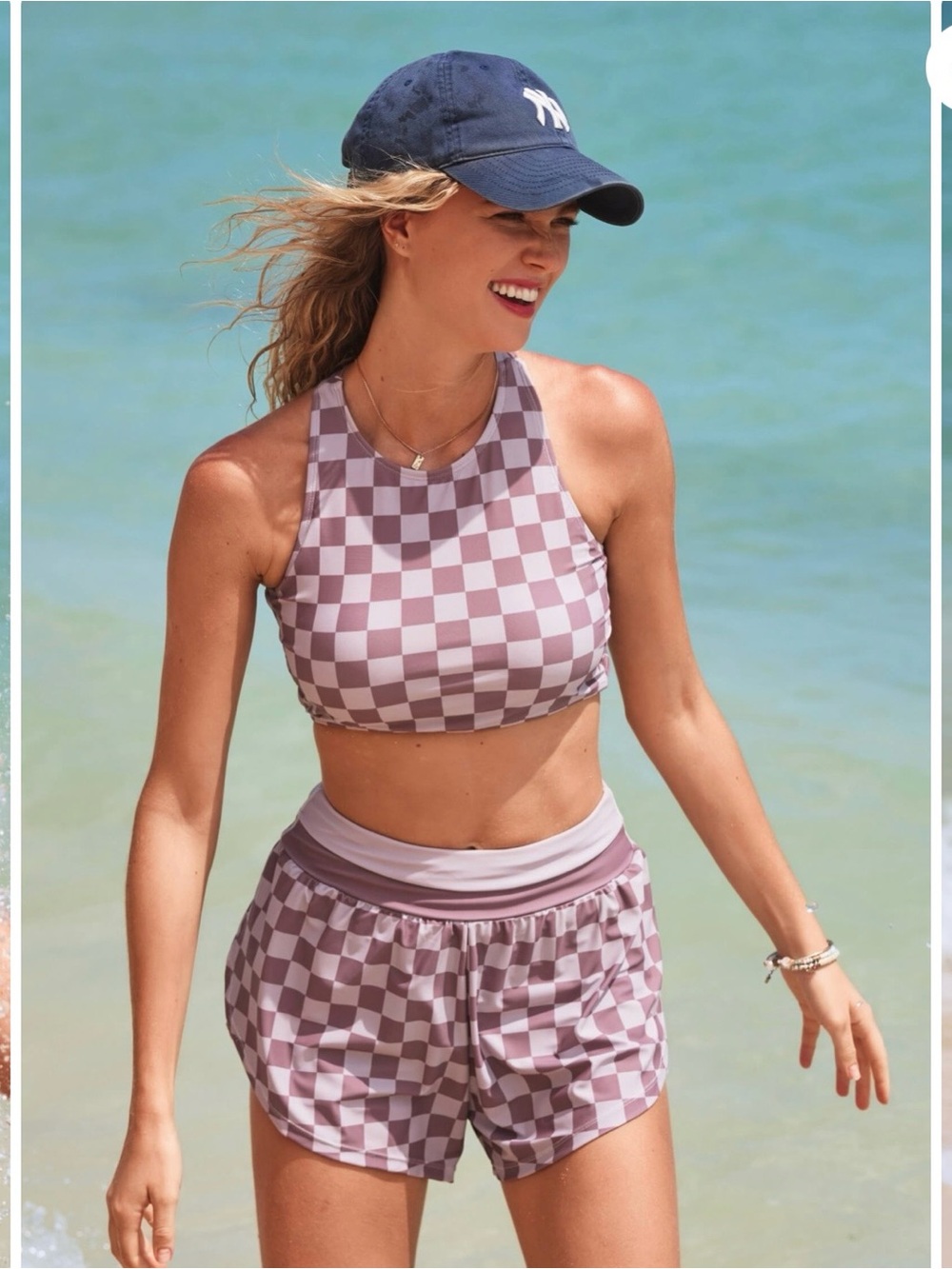 SeaFancy Checkered High Neck Bikini Top & Shorts Set in Mauve